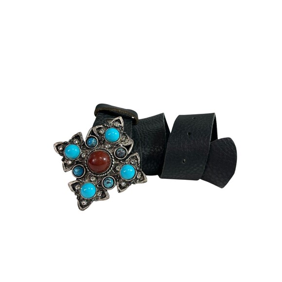 Vintage Leatherock Black Leather Belt w/ Ornate Buckle Cabochons & Crystals M/L main image 5